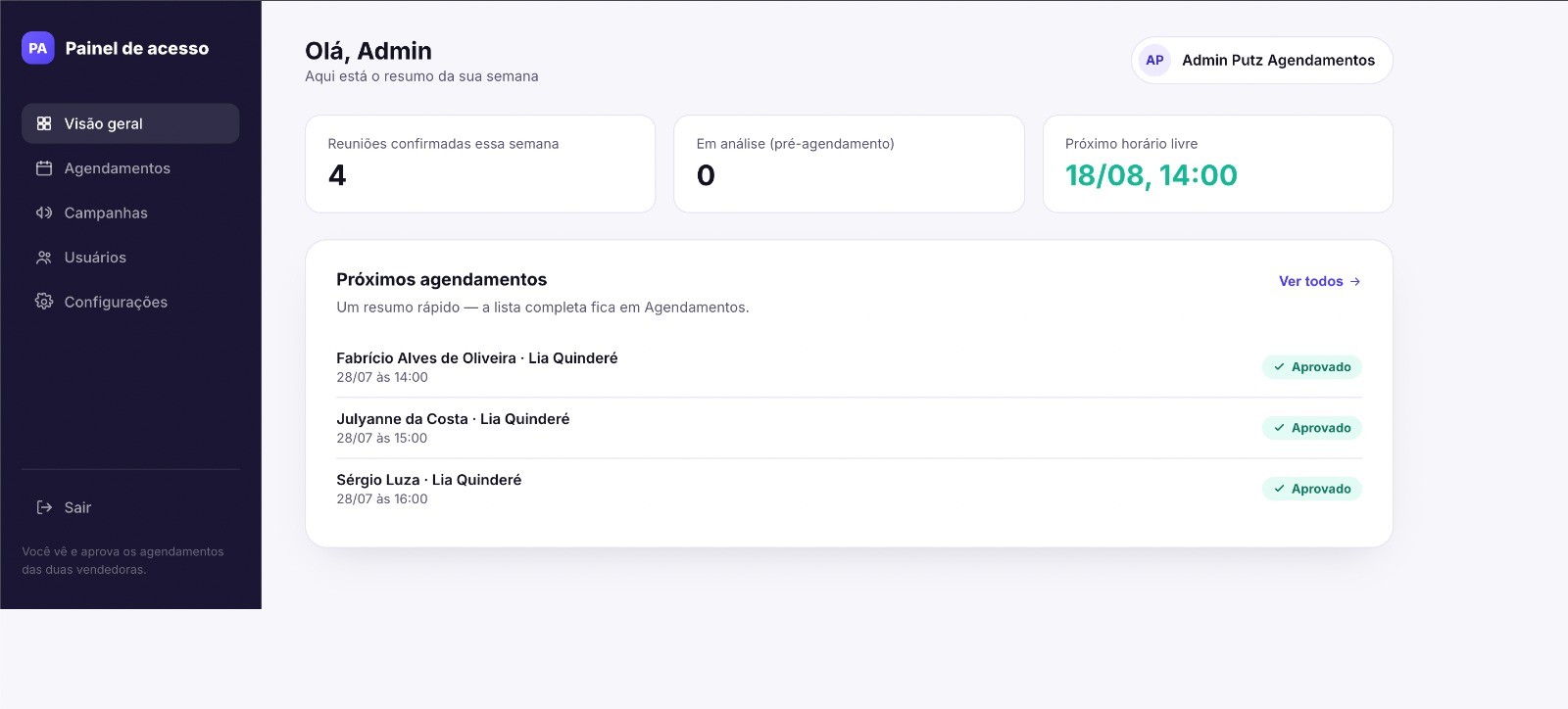 Painel administrativo do sistema de agendamentos — visão geral da semana