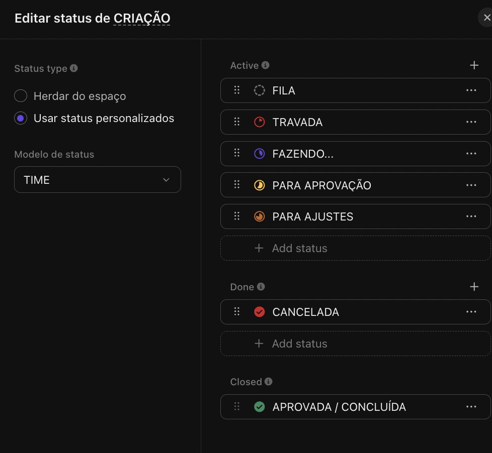 Fluxo de status customizado para as tarefas do time